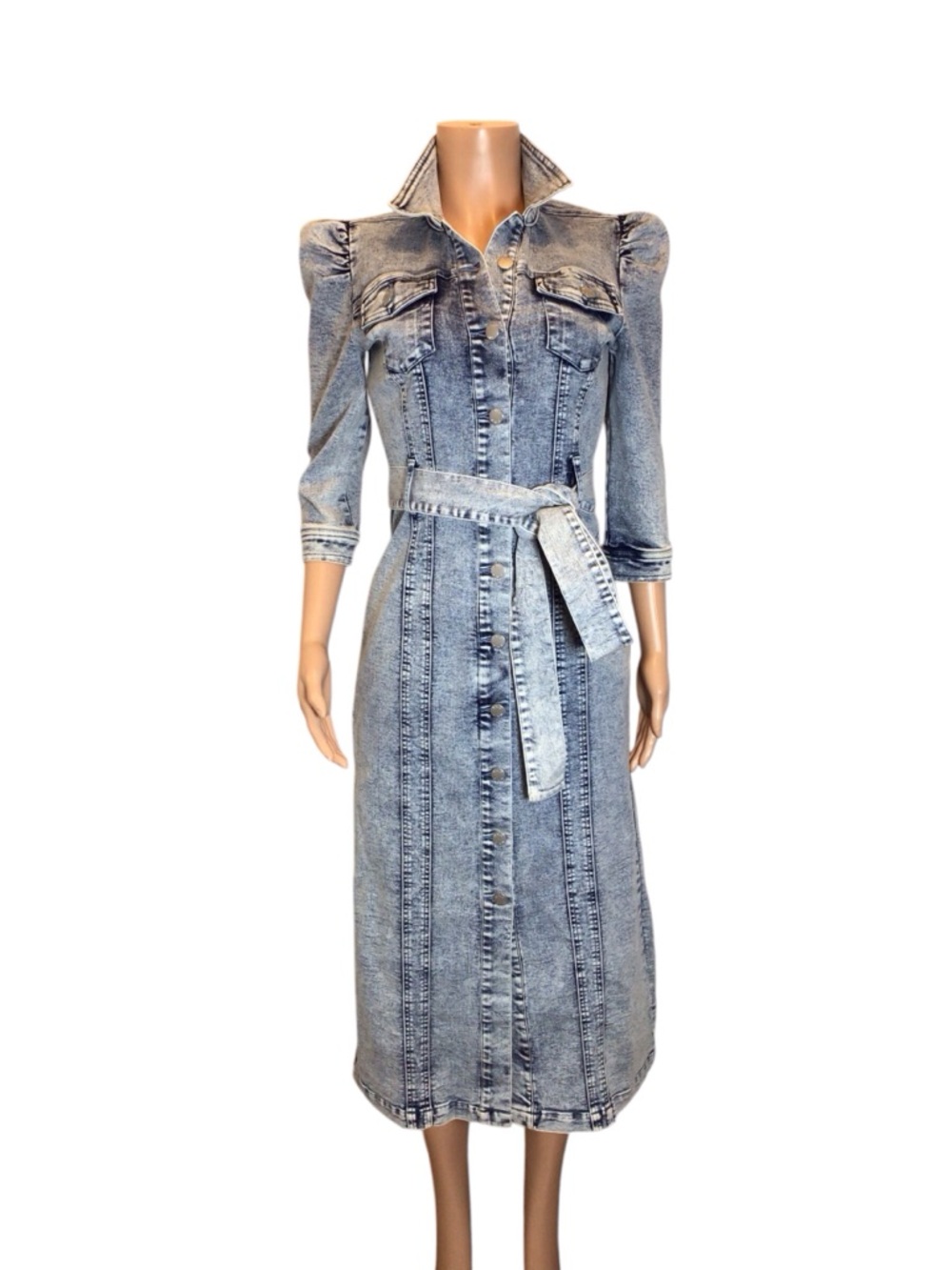 NWOT Venus Denim Midi Dress Sz 6 Puff Sleeve Belted Button Front Stretch - Picture 2 of 12